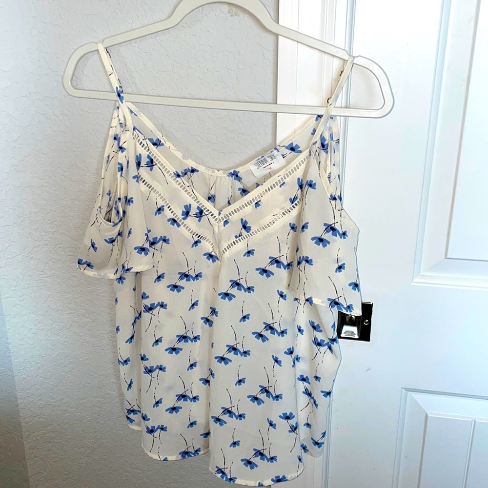 Sienna sky blue floral white off shoulder ruffle blouse size M